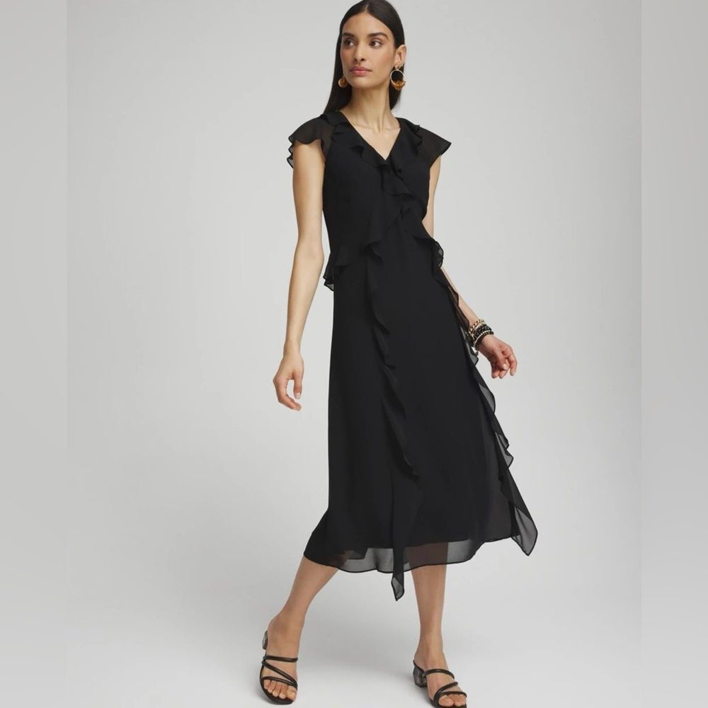 Chico’s Chiffon Faux Wrap Dress SZ 2.5 US 14 Cap Sleeves V Neck A Line Black